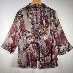 100% Silk Kimono Top Womens 20 Tie Ruffle Boho Artsy Sheer Lightweight Layering